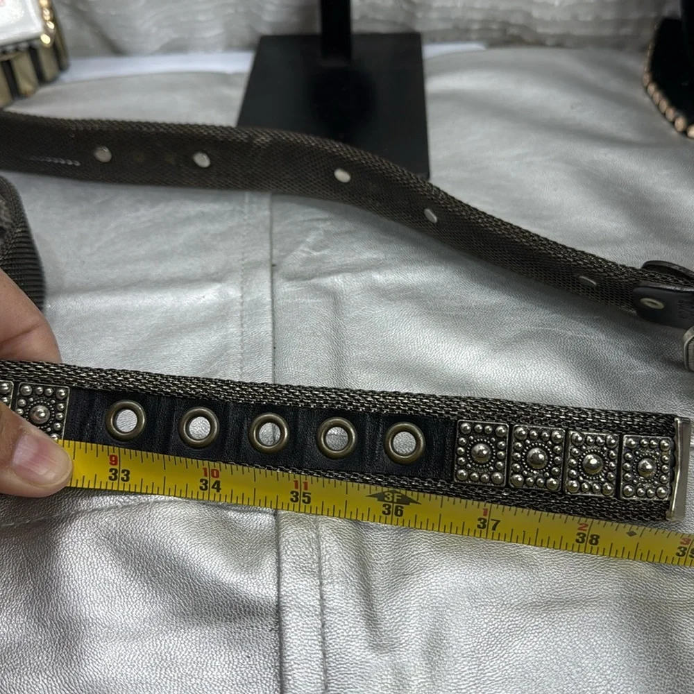 (H) Vintage silver mesh belt Belt with leather inserts and rivets, Y2K